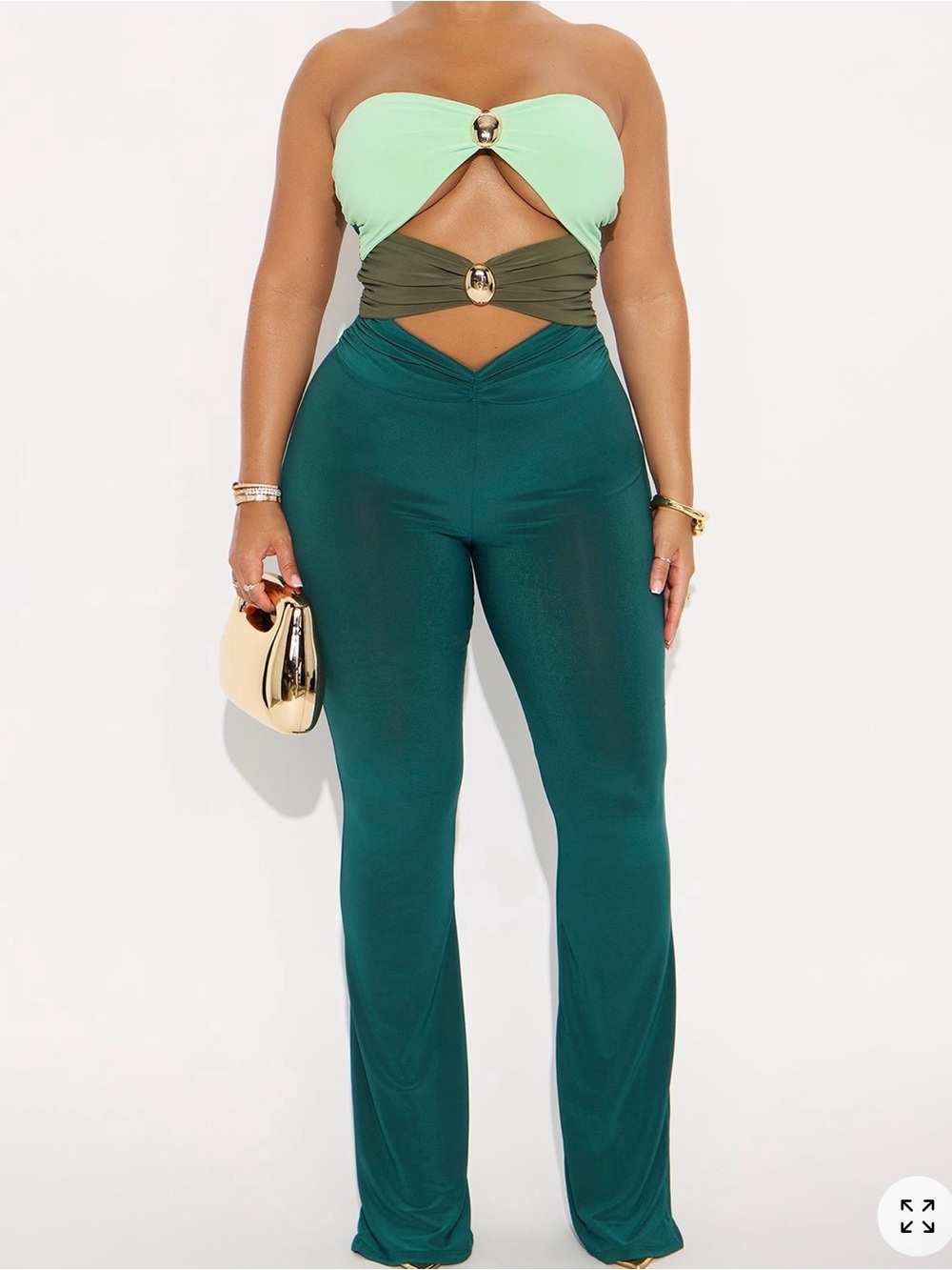 Fashion Nova Teal High-Waist Wide-Leg Jumpsuit with Mint & Olive Wrap